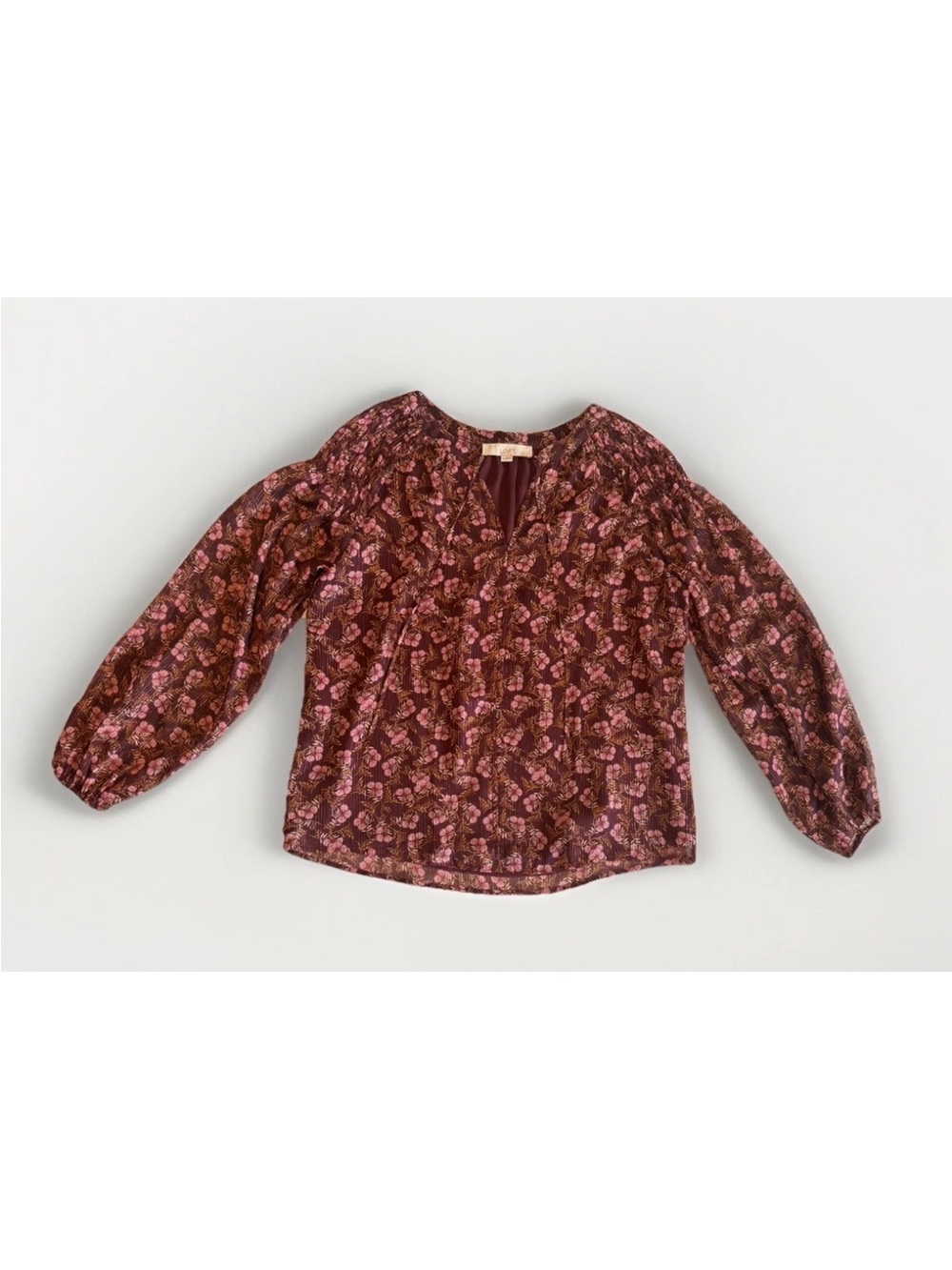 LOFT Floral Metallic Stripe‎ Blouse Small Smocked Neck Plum Purple Long Sleeve S